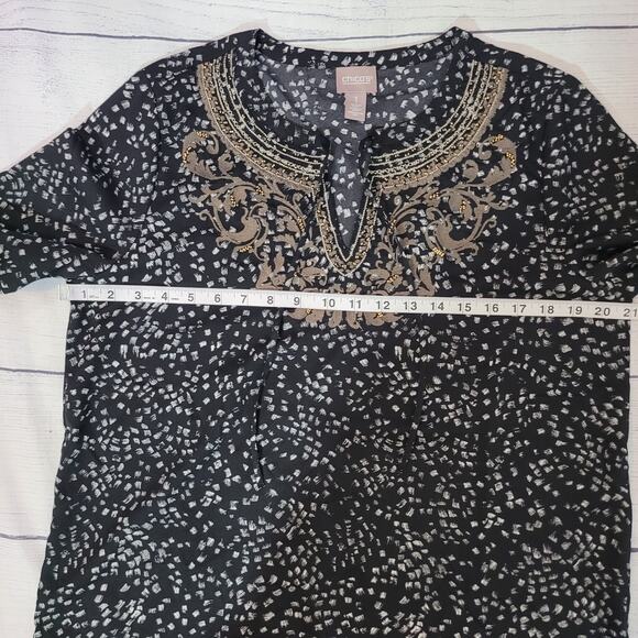 Chico's Size 1 US M No Print Strokes Embroidered Blouse Long Sleeve Notched Neck - Picture 6 of 10